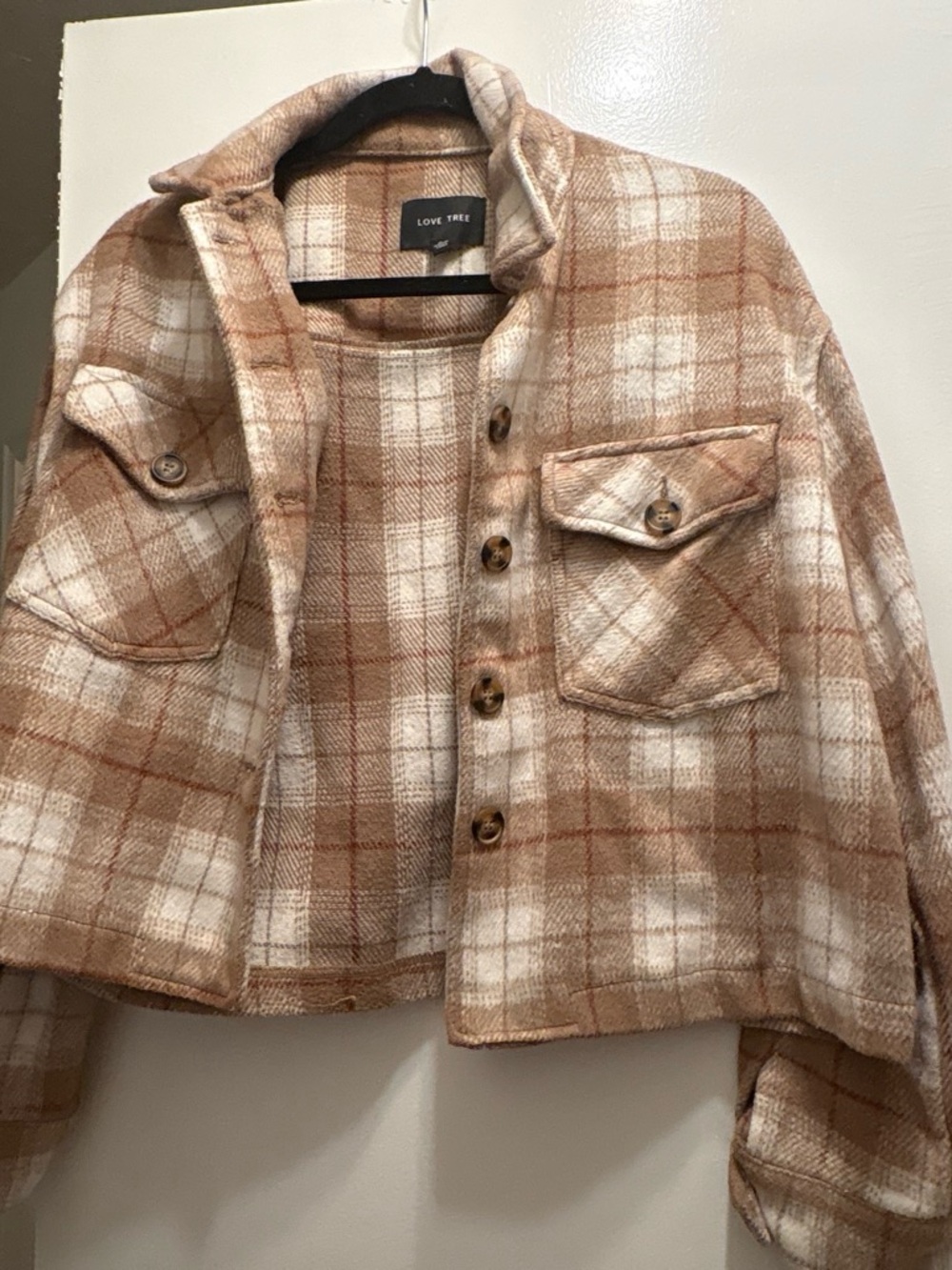 Love Tree Beige and Cream Plaid Button-Front Shacket